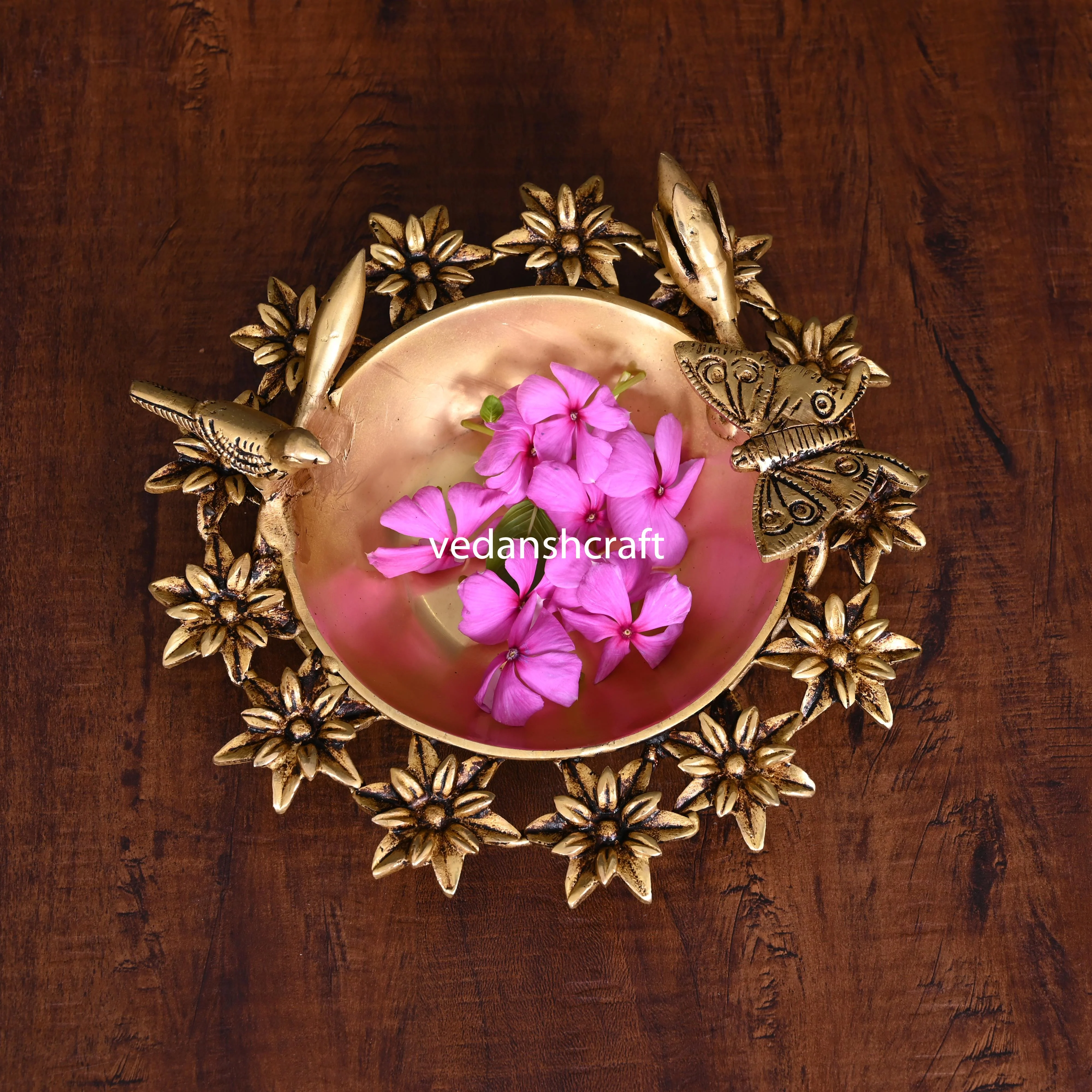 Brass Designer Flower And Butterfly Urli (3 Inch) - Image 4