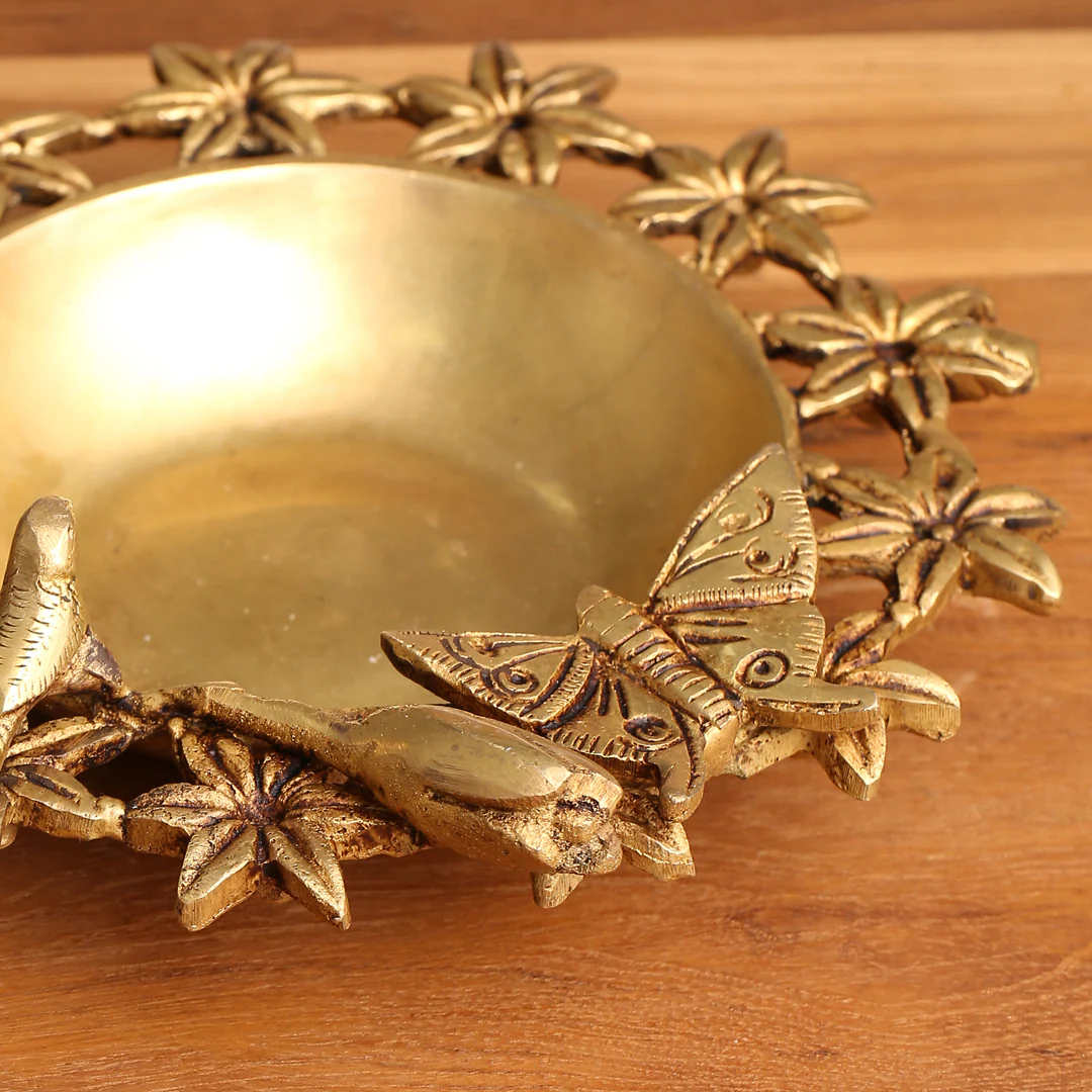 Brass Designer Flower And Butterfly Urli (3 Inch) - Image 5
