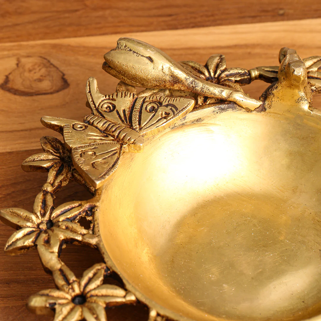 Brass Designer Flower And Butterfly Urli (3 Inch) - Image 7
