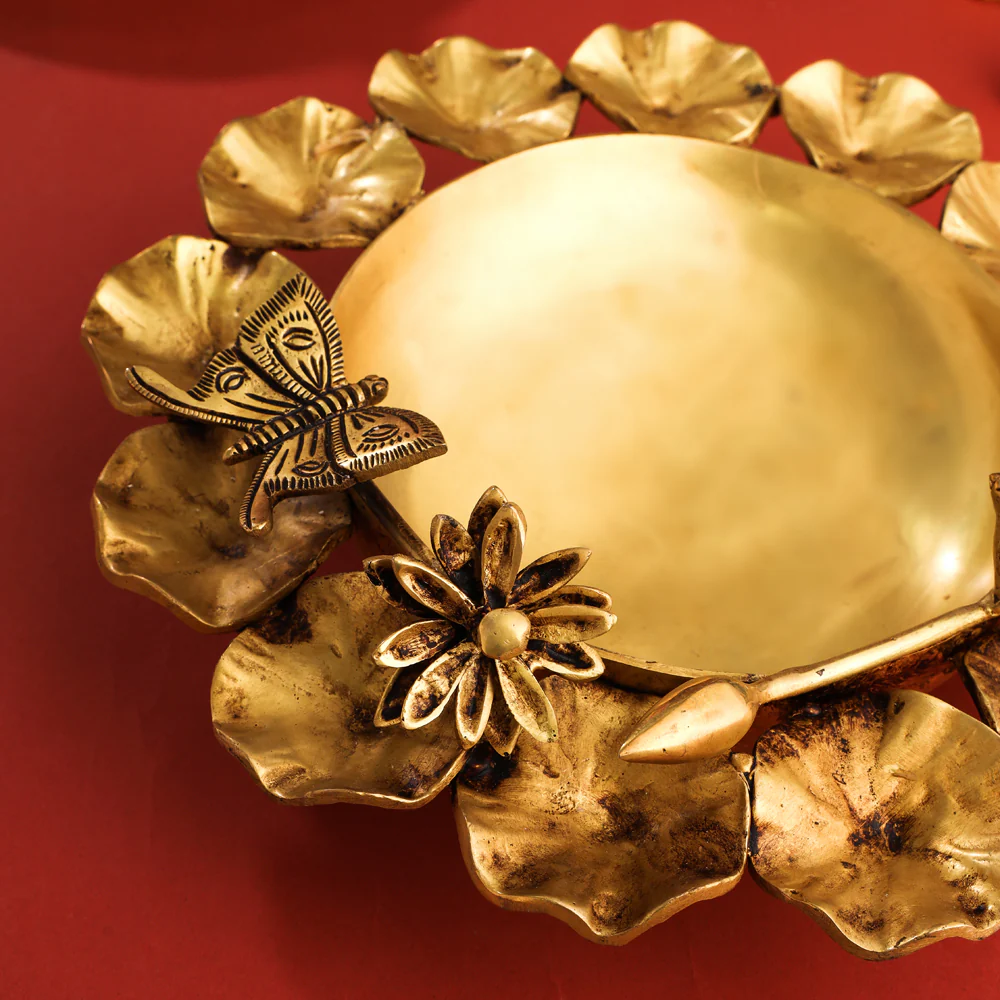 Brass Designer Flower And Butterfly Urli (4.8 Inch) - Image 3