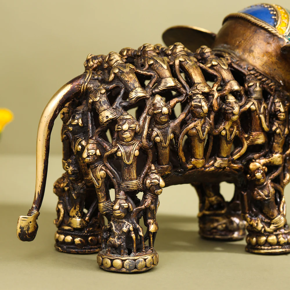 Brass Dhokra Elephant Down Trunk Statue (7 Inch) - Image 5