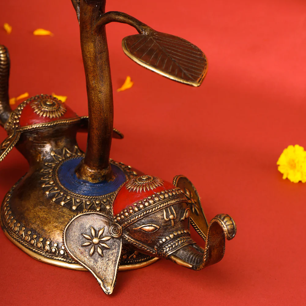 Brass Dhokra Elephant Lotus Candle Holder (11 Inch) - Image 3