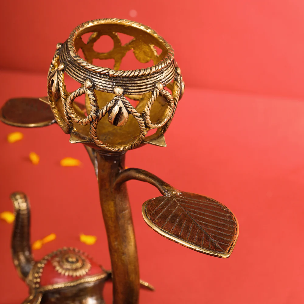 Brass Dhokra Elephant Lotus Candle Holder (11 Inch) - Image 4