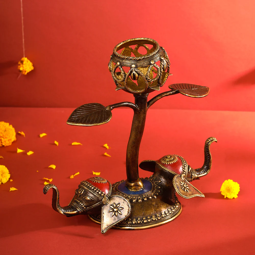 Brass Dhokra Elephant Lotus Candle Holder (11 Inch) - Image 6