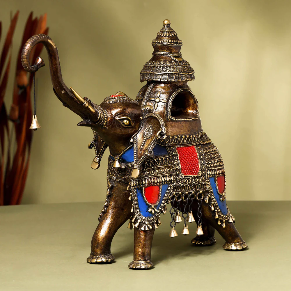 Brass Dhokra Elephant up Trunk Statue with Temple (15.5 Inch)