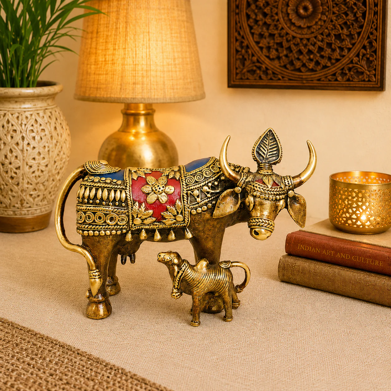 Brass Dhokra Kamdhenu Cow with Calf Statue (6.5 Inch) - Image 2