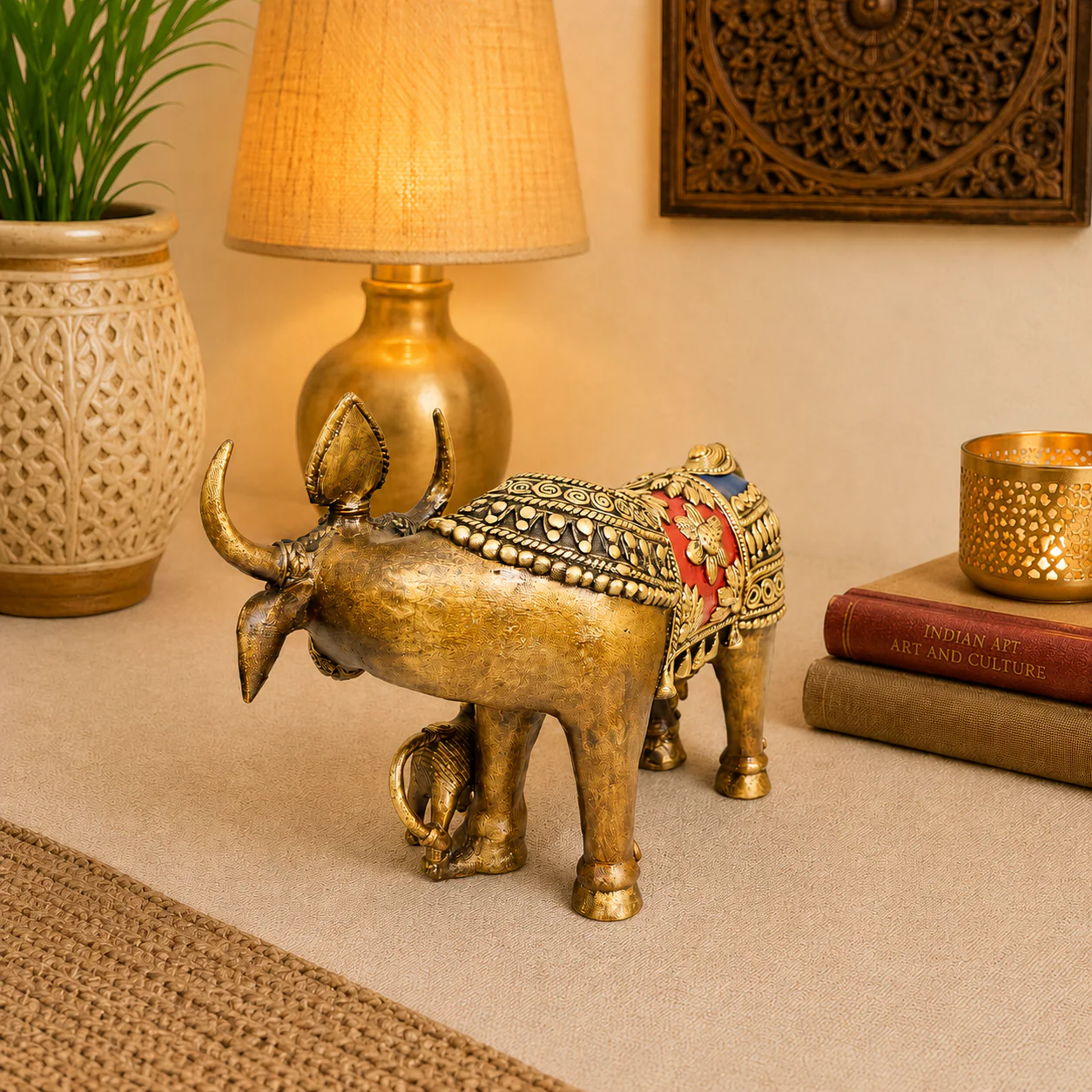 Brass Dhokra Kamdhenu Cow with Calf Statue (6.5 Inch) - Image 3