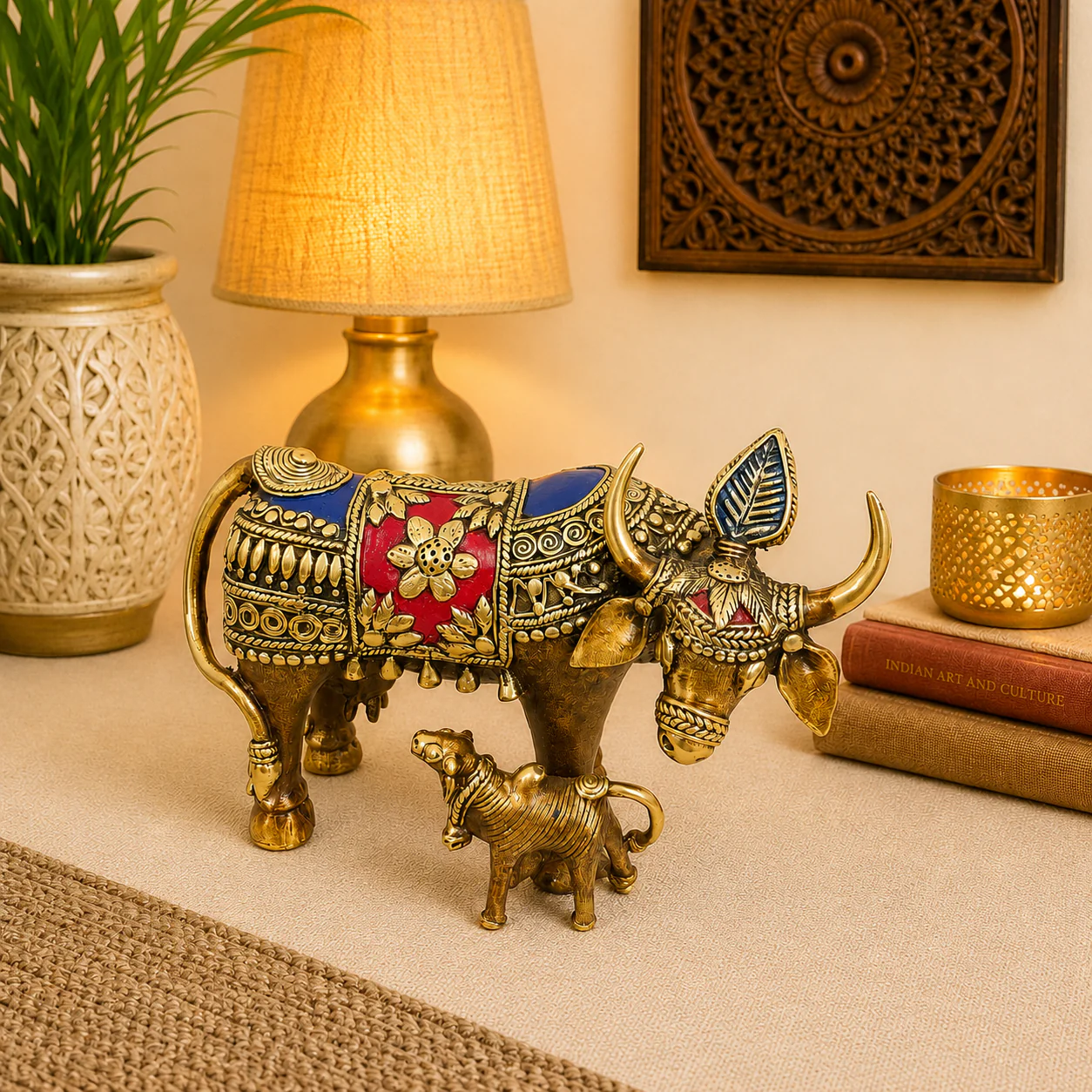 Brass Dhokra Kamdhenu Cow with Calf Statue (6.5 Inch) - Image 5