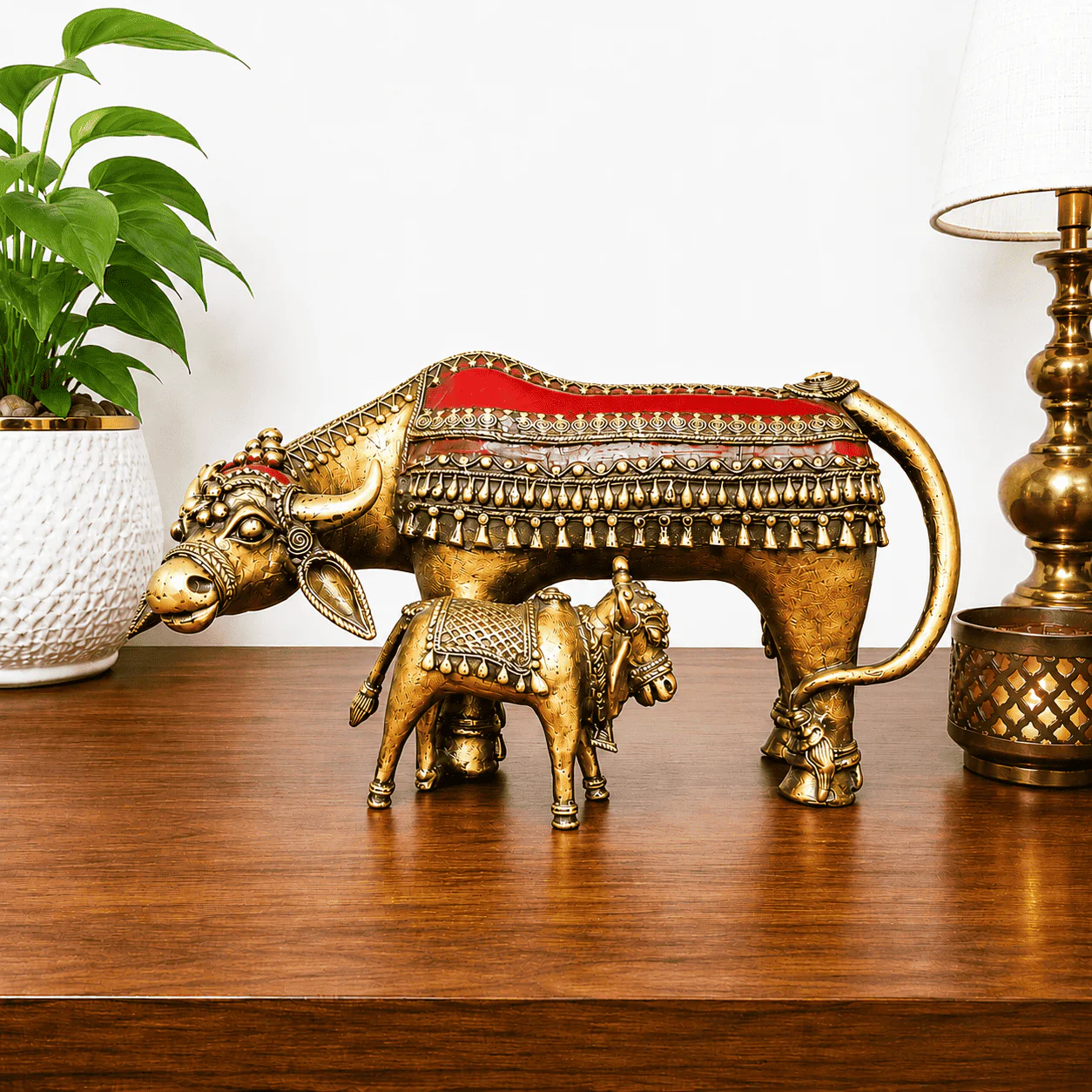 Brass Dhokra Kamdhenu Cow with Calf Statue (7 Inch) - Image 3