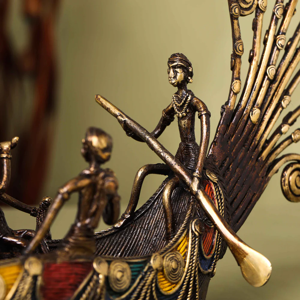 Brass Dhokra Peacock Five Men Boat (13 Inch) - Image 4