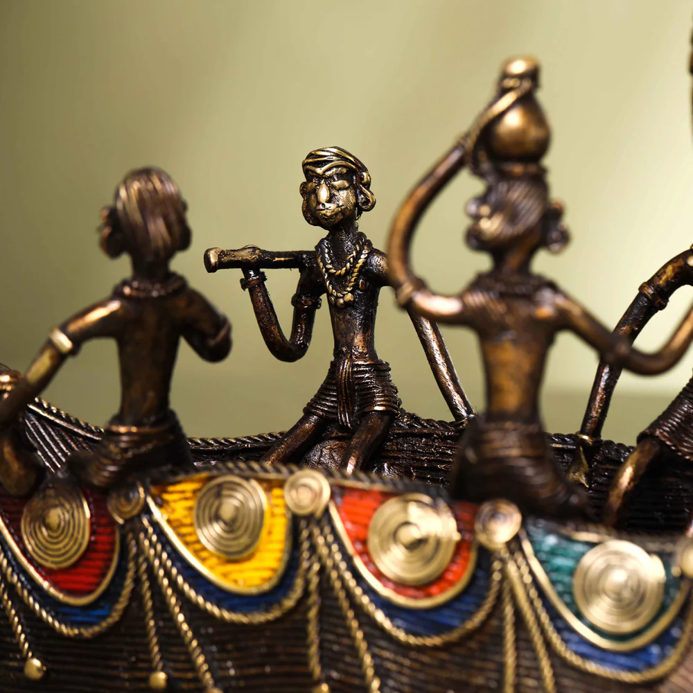 Brass Dhokra Peacock Five Men Boat (13 Inch) - Image 5