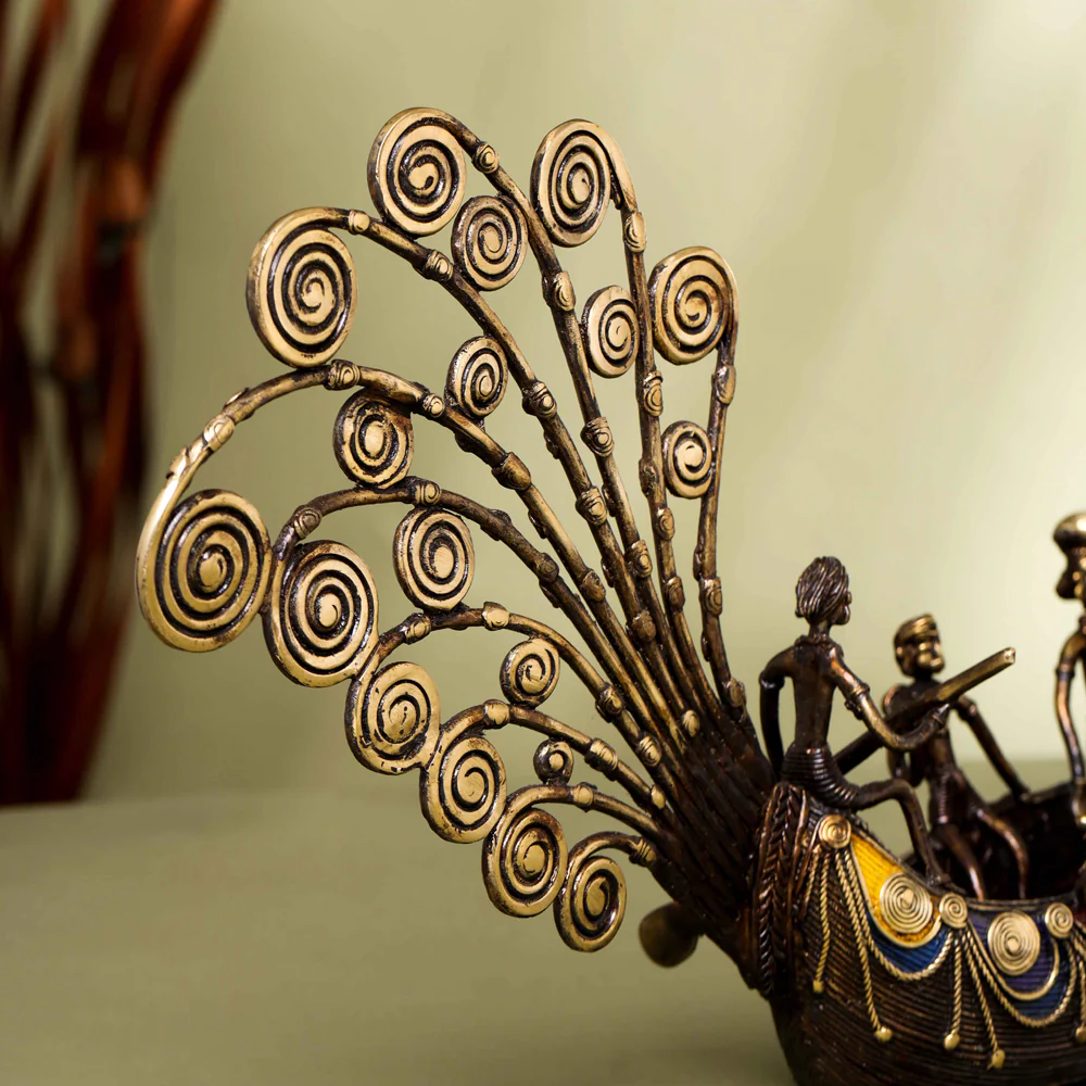 Brass Dhokra Peacock Five Men Boat (13 Inch) - Image 7