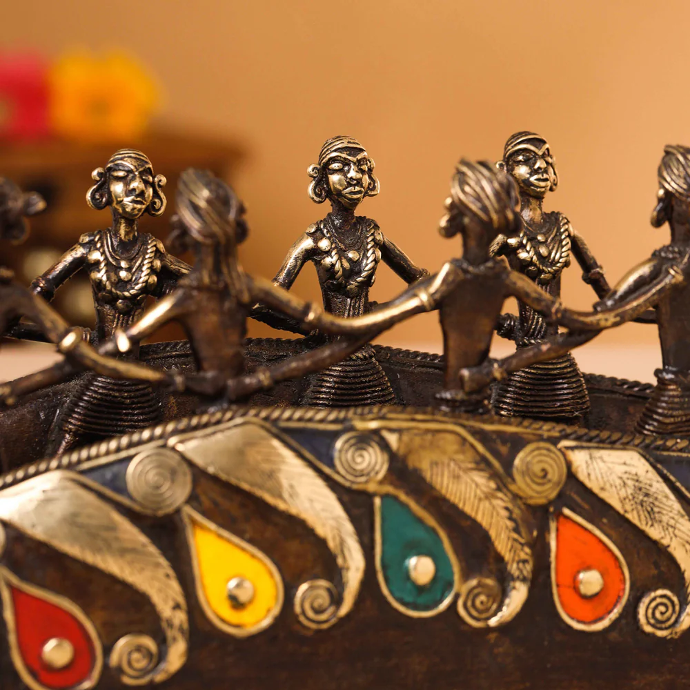 Brass Dhokra Peacock Nine Men Boat (15.5 Inch) - Image 5