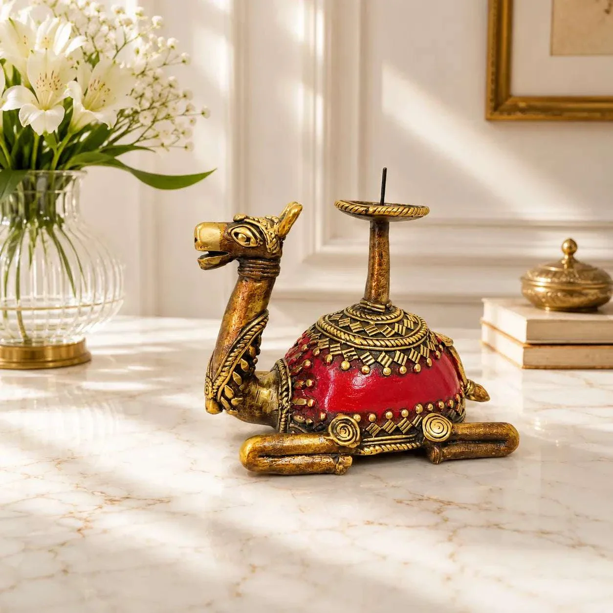 Brass Dhokra Sitting Camel Candle Stand (5 Inch)