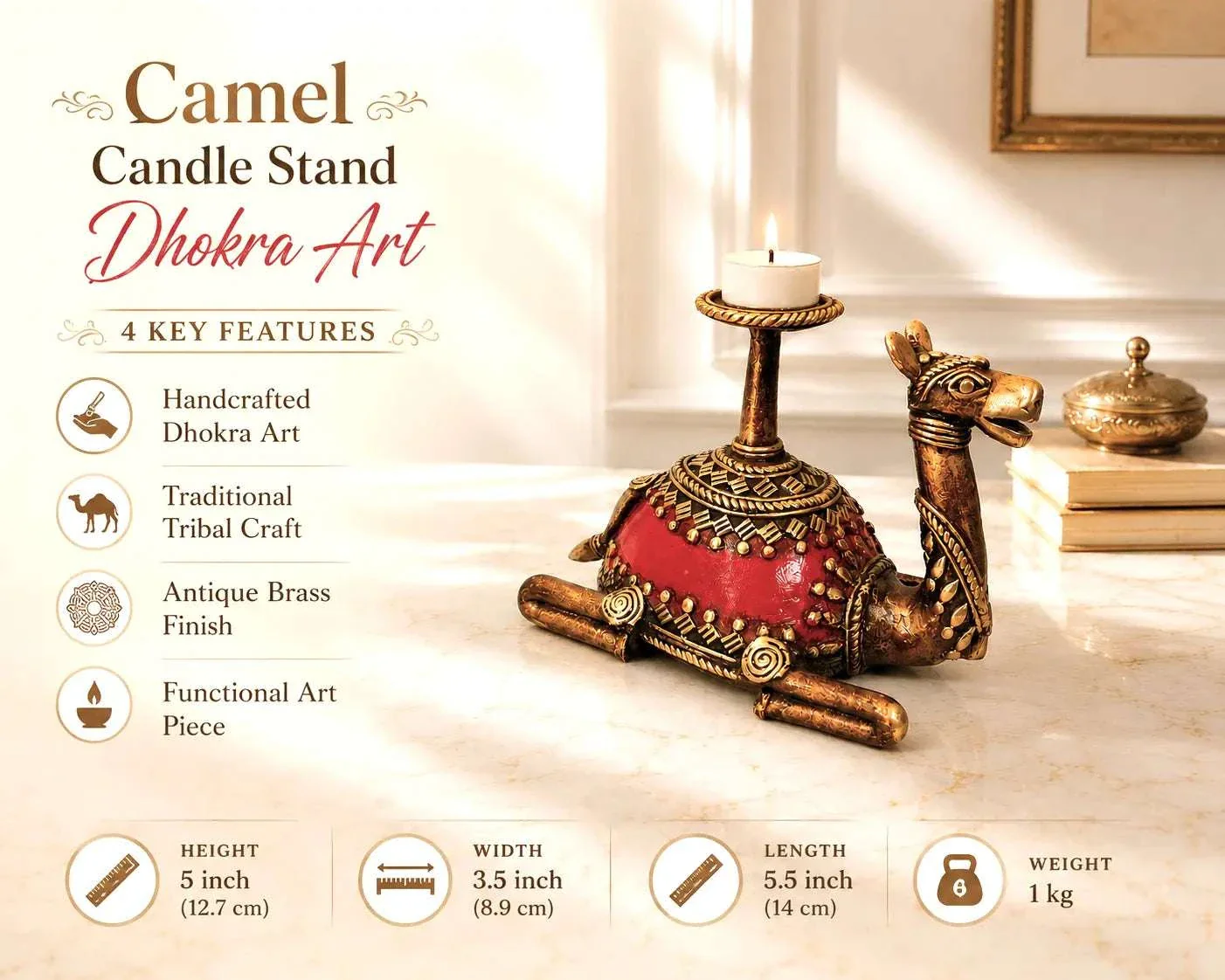 Brass Dhokra Sitting Camel Candle Stand (5 Inch) - Image 7