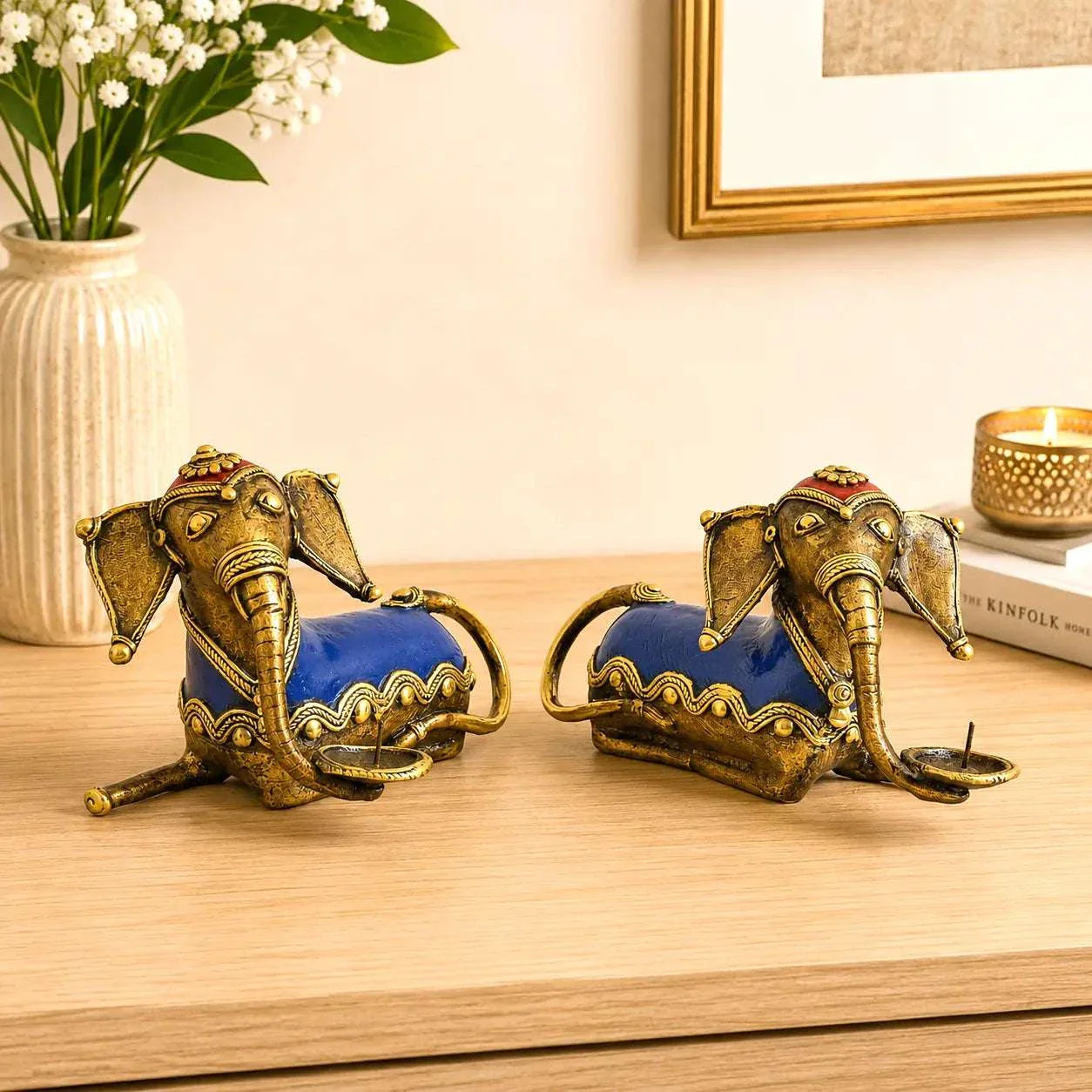 Brass Dhokra Sitting Elephant Statue Set With Candle Holder (5 Inch) - Image 2