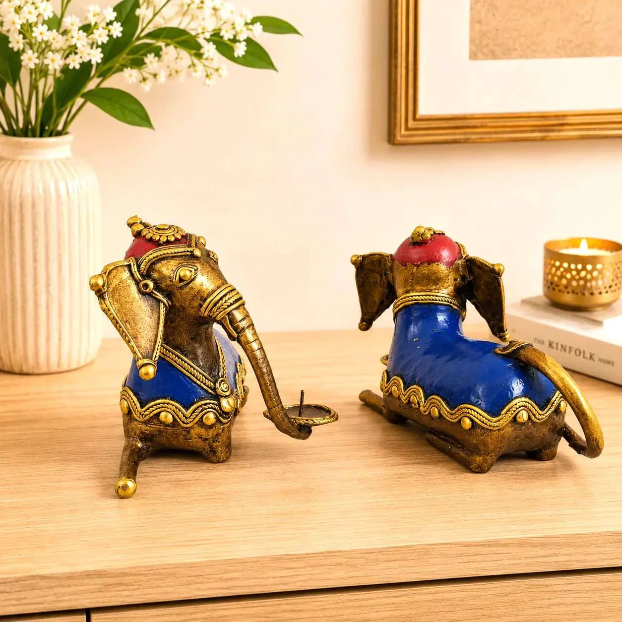 Brass Dhokra Sitting Elephant Statue Set With Candle Holder (5 Inch) - Image 3