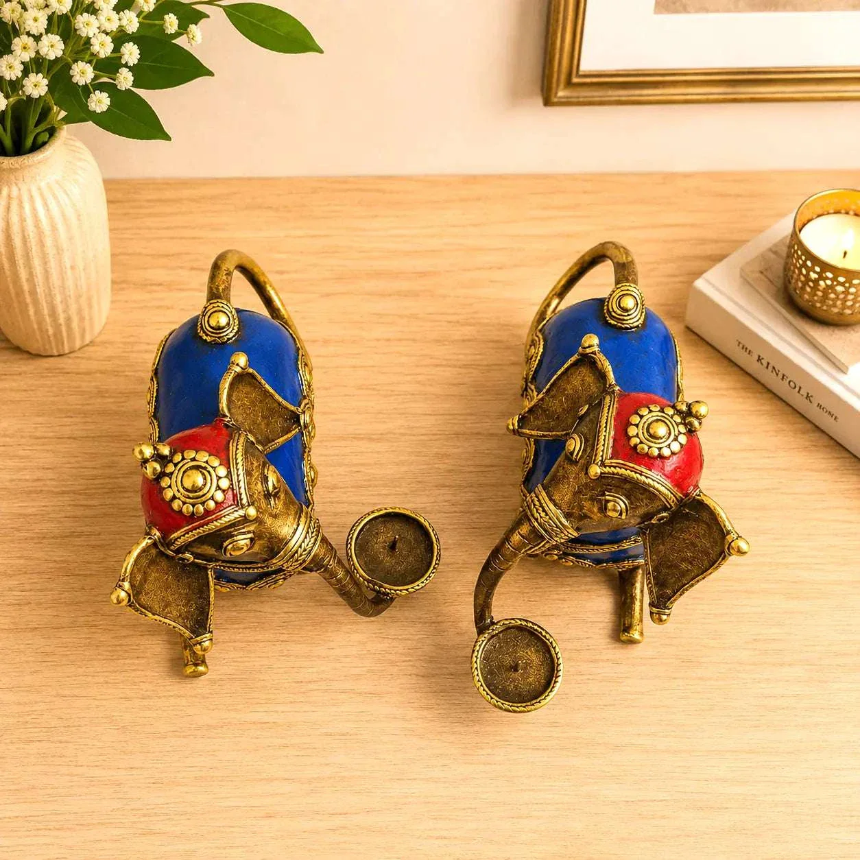 Brass Dhokra Sitting Elephant Statue Set With Candle Holder (5 Inch) - Image 4