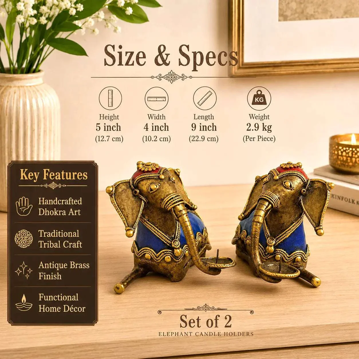 Brass Dhokra Sitting Elephant Statue Set With Candle Holder (5 Inch) - Image 6