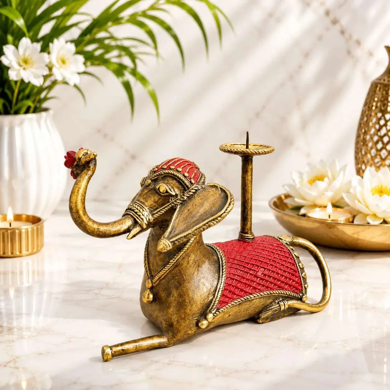 Brass Dhokra Sitting Elephant Statue With Candle Holder (5 Inch) - Image 2