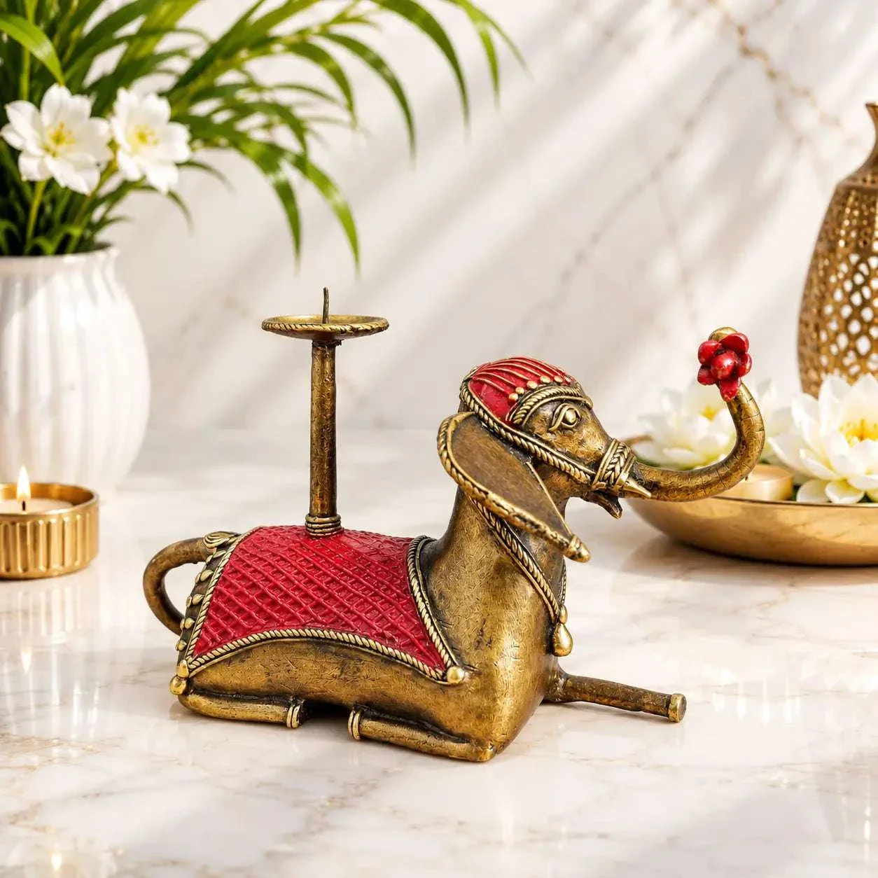 Brass Dhokra Sitting Elephant Statue With Candle Holder (5 Inch) - Image 3