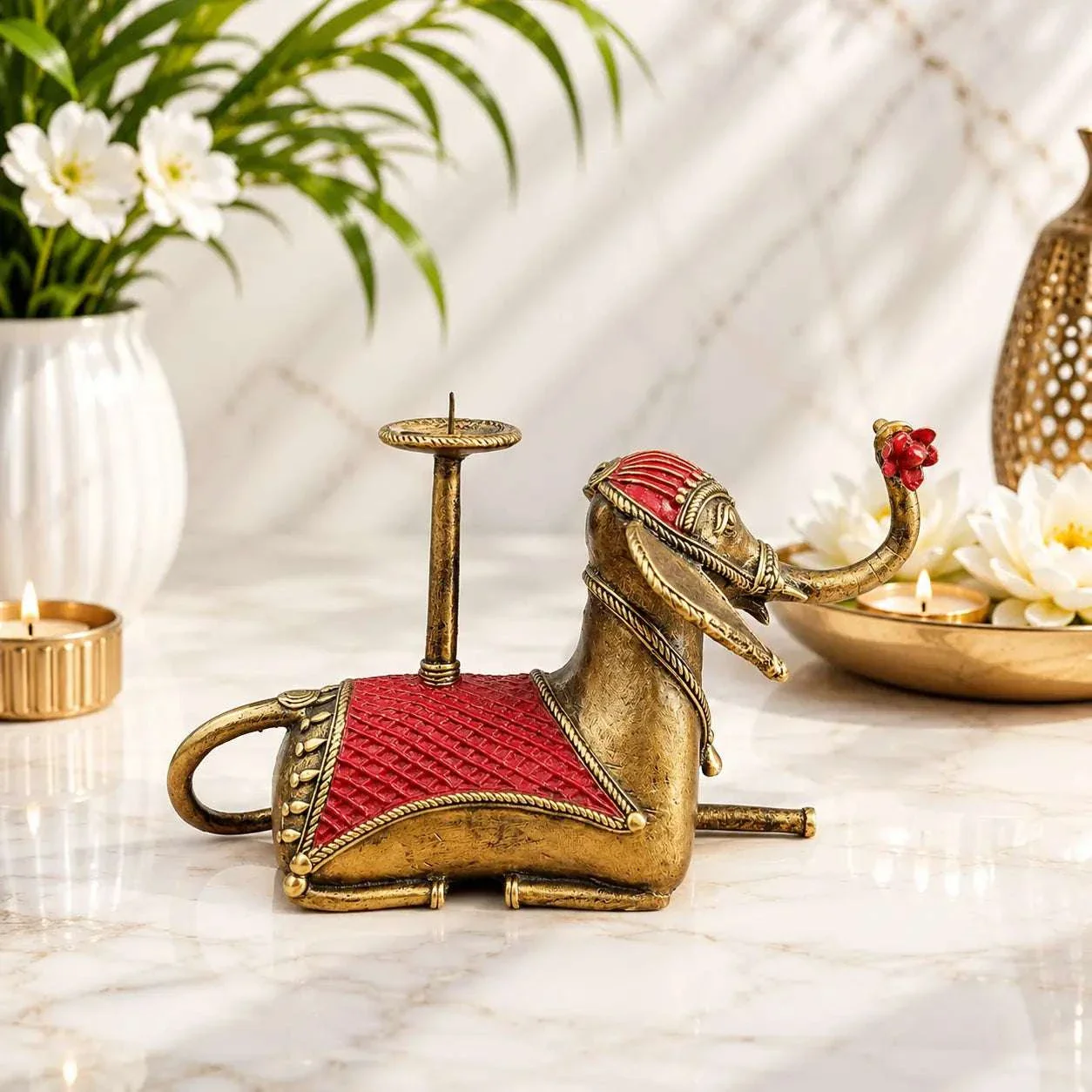 Brass Dhokra Sitting Elephant Statue With Candle Holder (5 Inch) - Image 4