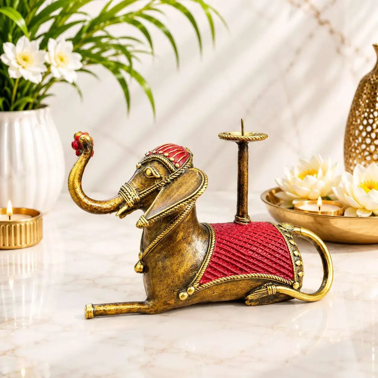 Brass Dhokra Sitting Elephant Statue With Candle Holder (5 Inch) - Image 5