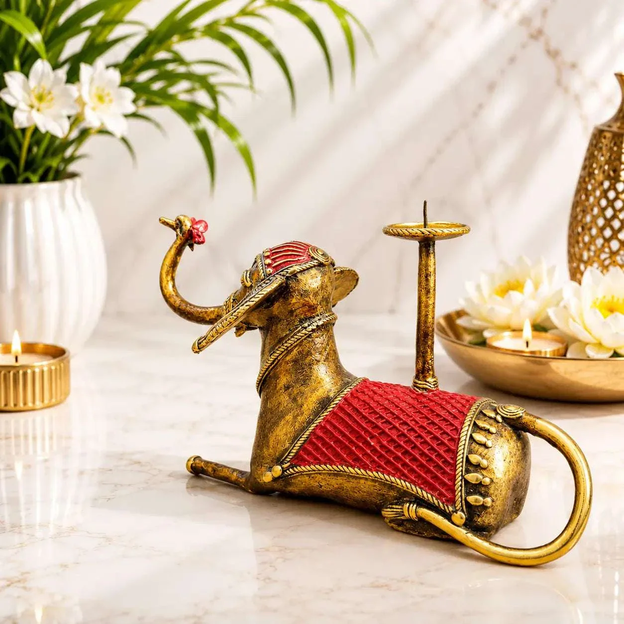Brass Dhokra Sitting Elephant Statue With Candle Holder (5 Inch) - Image 6