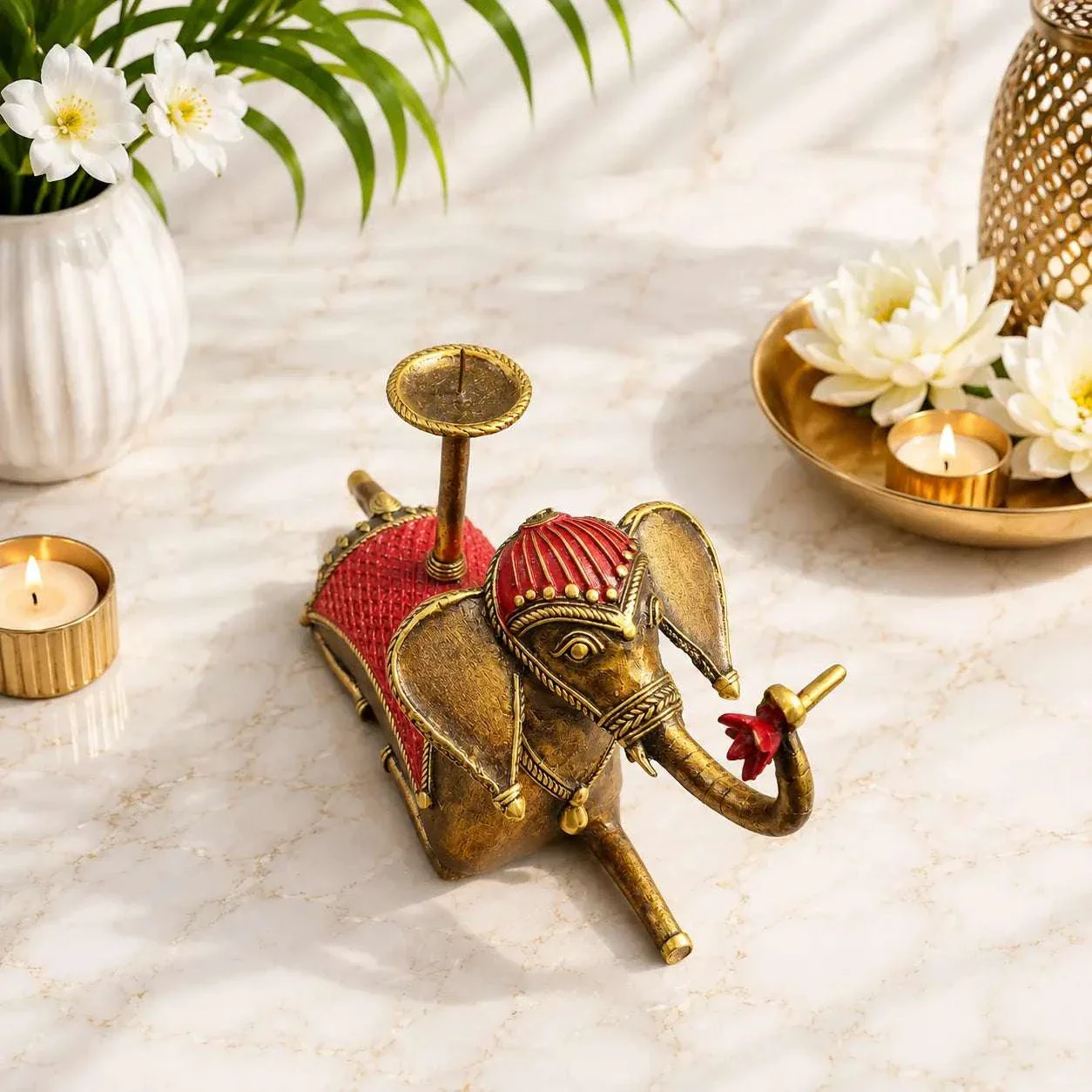 Brass Dhokra Sitting Elephant Statue With Candle Holder (5 Inch) - Image 7