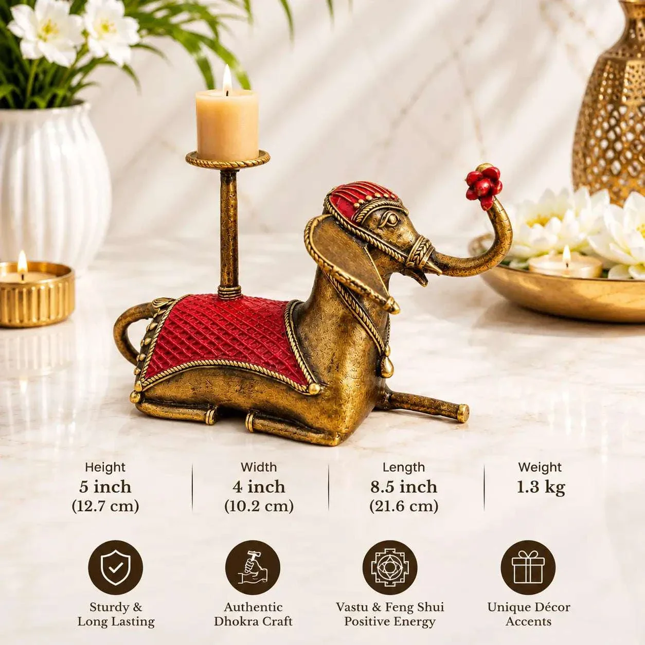 Brass Dhokra Sitting Elephant Statue With Candle Holder (5 Inch) - Image 9