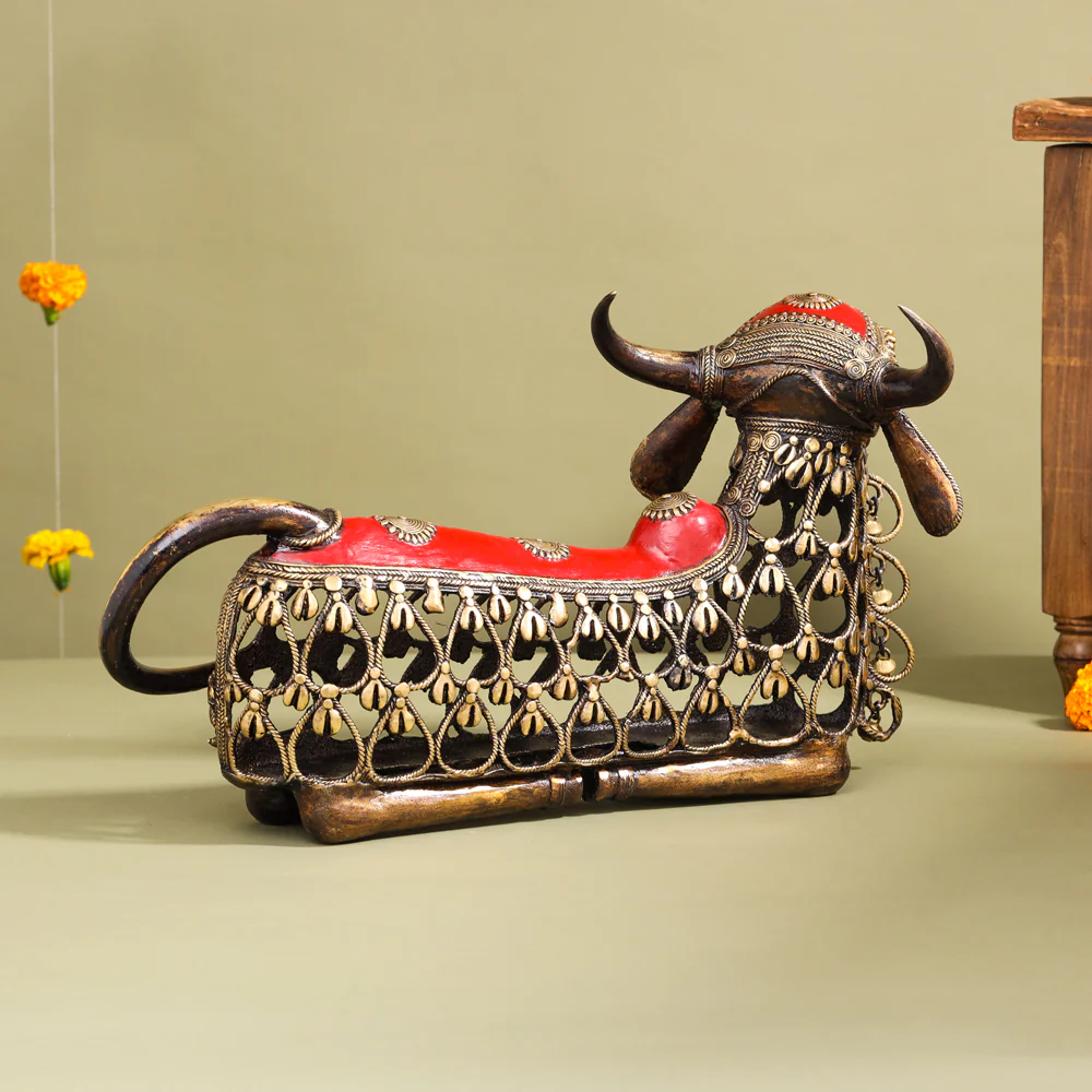 Brass Dhokra Sitting Jali Nandi Idol (10 Inch) - Image 4