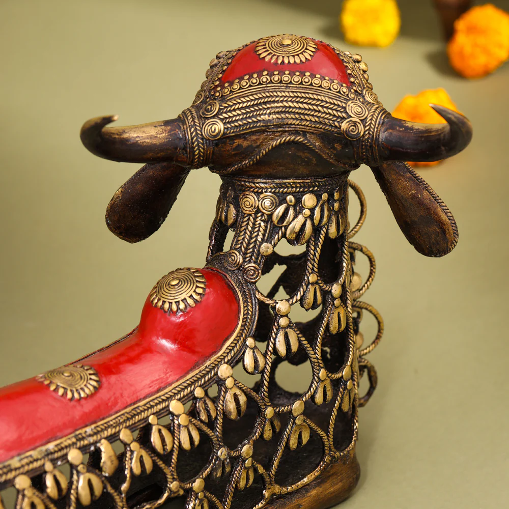 Brass Dhokra Sitting Jali Nandi Idol (10 Inch) - Image 5