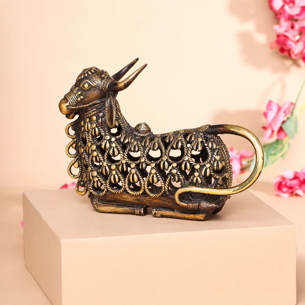 Brass Dhokra Sitting Jali Nandi Idol (6 Inch) - Image 3