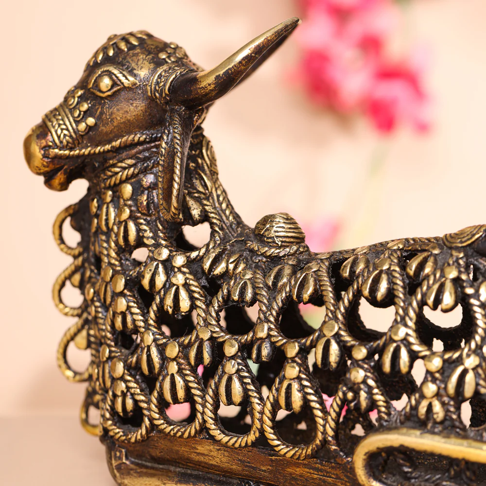 Brass Dhokra Sitting Jali Nandi Idol (6 Inch) - Image 4