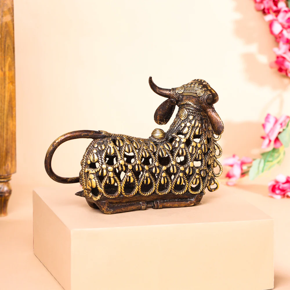 Brass Dhokra Sitting Jali Nandi Idol (6 Inch) - Image 5
