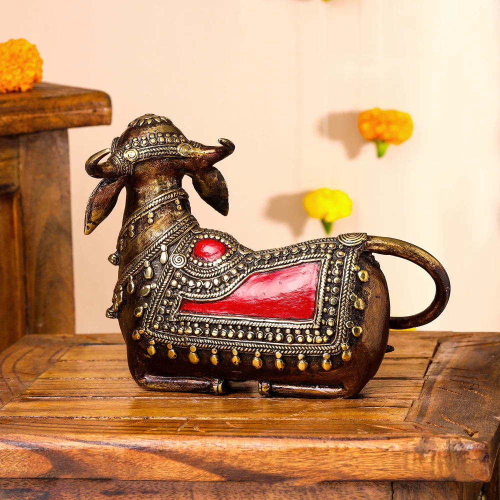Brass Dhokra Sitting Kamdhenu Cow With Calf Idol (6 Inch) - Image 3