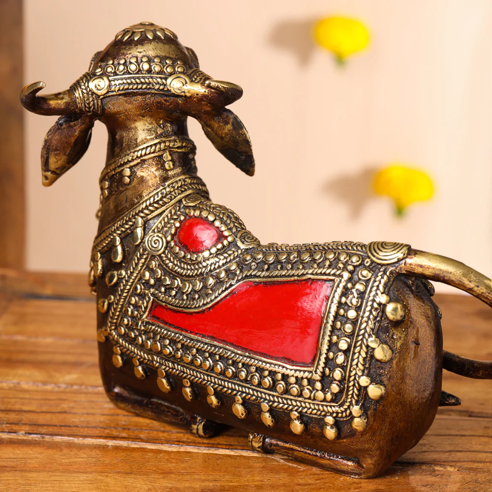 Brass Dhokra Sitting Kamdhenu Cow With Calf Idol (6 Inch) - Image 4