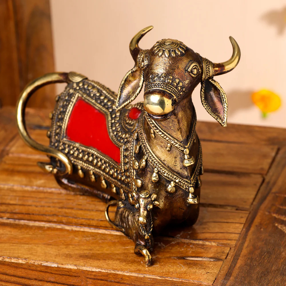Brass Dhokra Sitting Kamdhenu Cow With Calf Idol (6 Inch) - Image 5