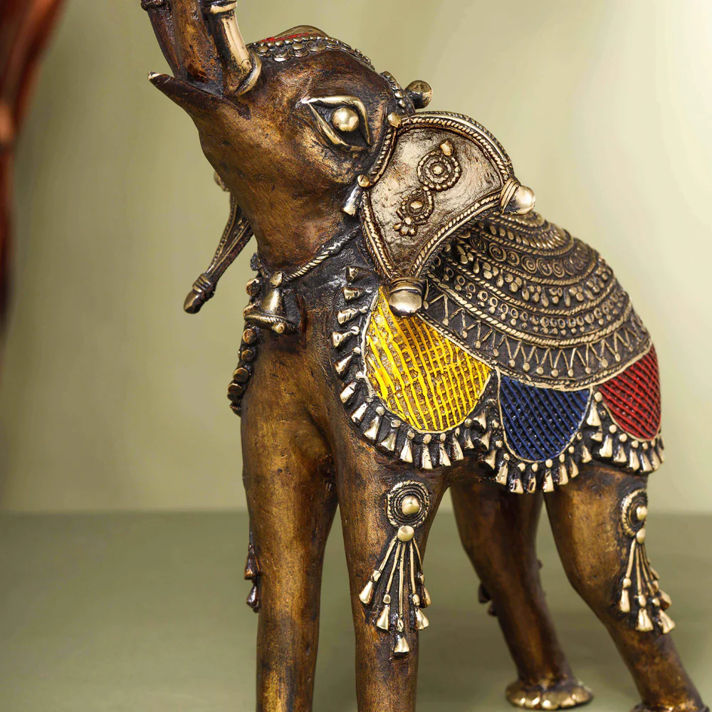 Brass Dhokra up Trunk Monkey Elephant Statue (23.5 Inch) - Image 3