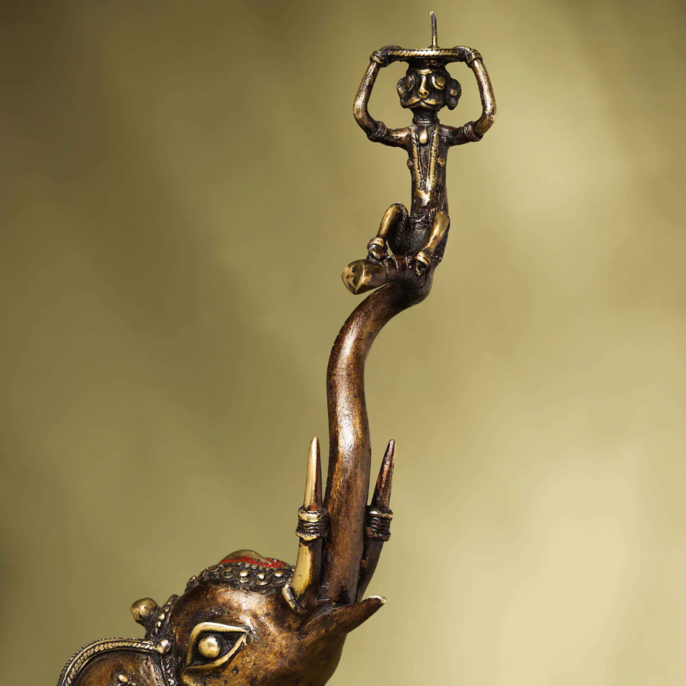 Brass Dhokra up Trunk Monkey Elephant Statue (23.5 Inch) - Image 4