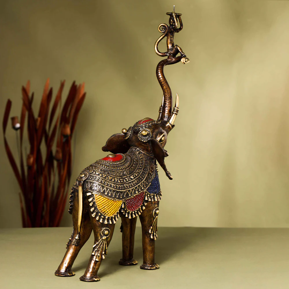 Brass Dhokra up Trunk Monkey Elephant Statue (23.5 Inch) - Image 6