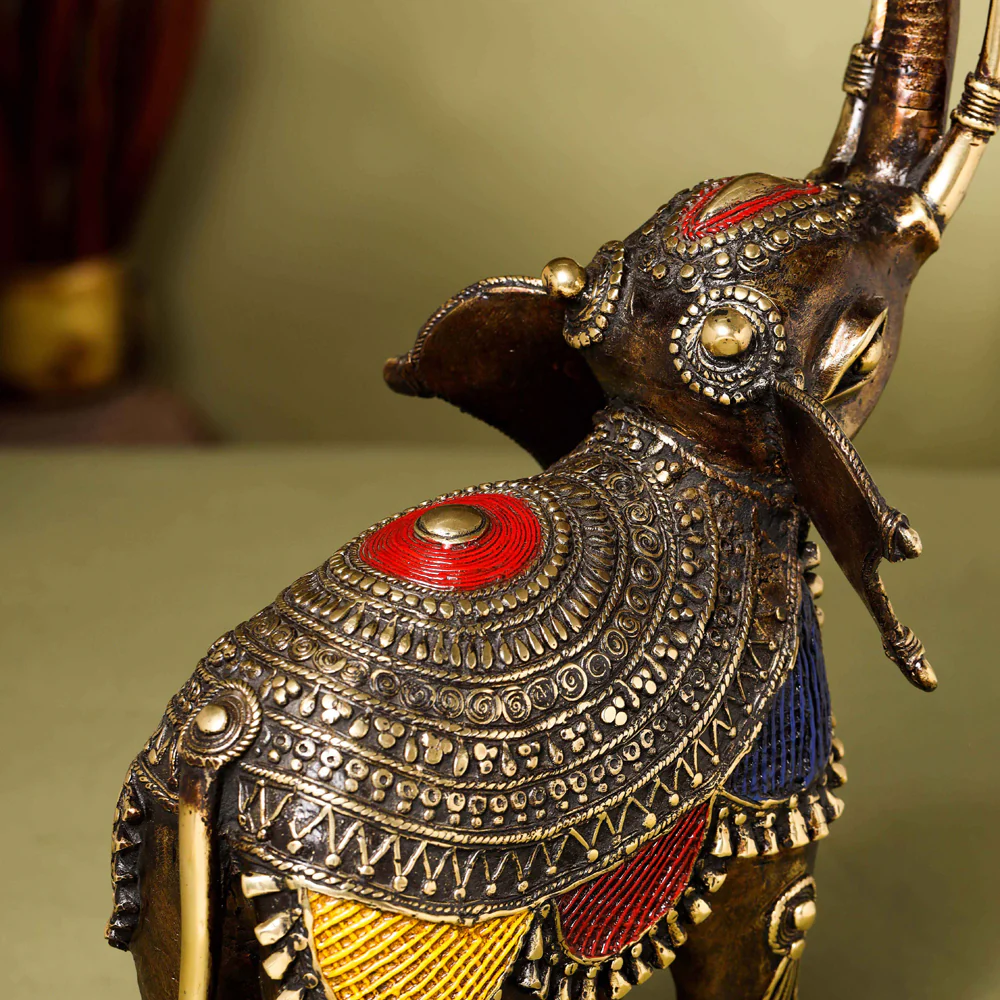 Brass Dhokra up Trunk Monkey Elephant Statue (23.5 Inch) - Image 7