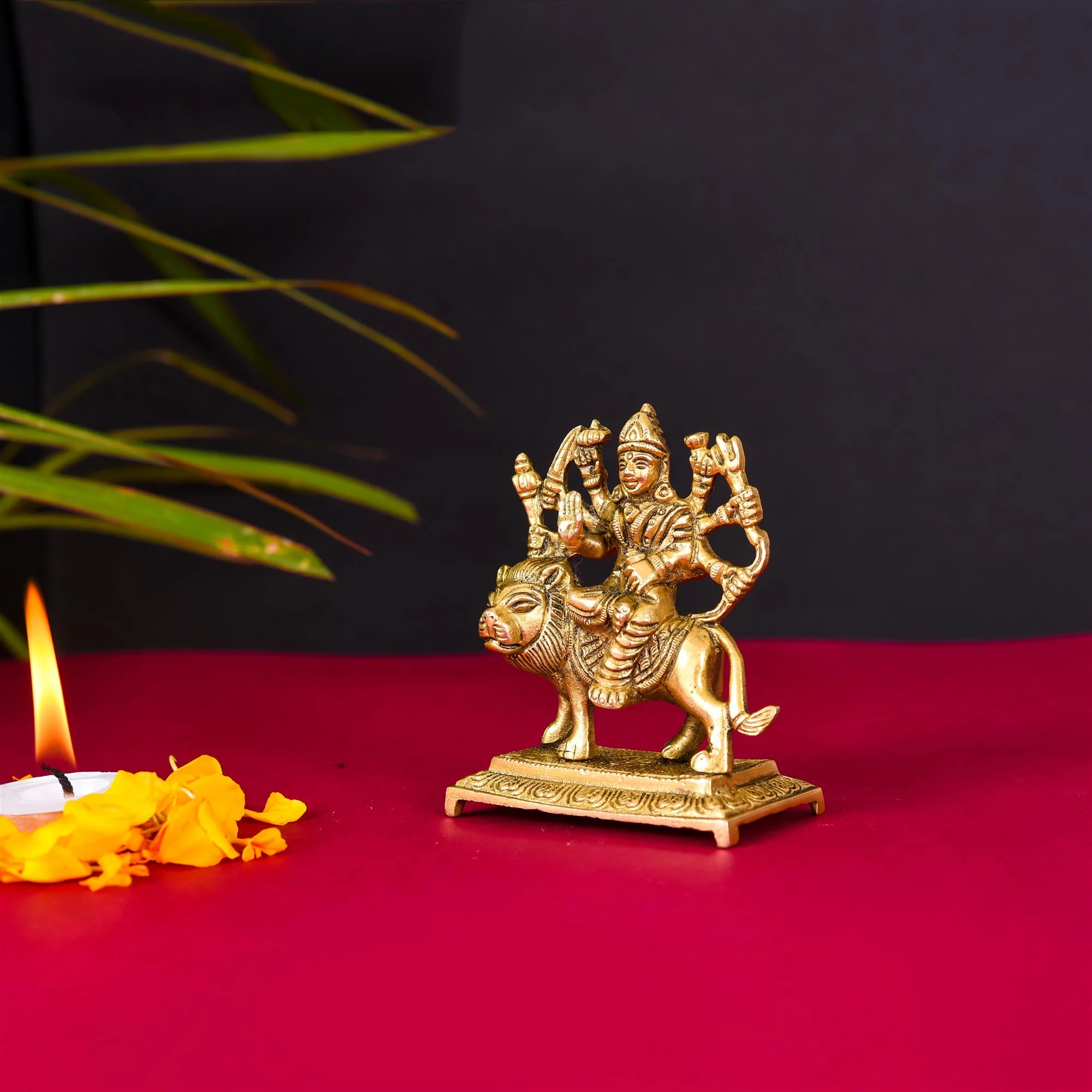Brass Durga Devi Sitting On Lion Idol (3.5 Inch) - Image 2