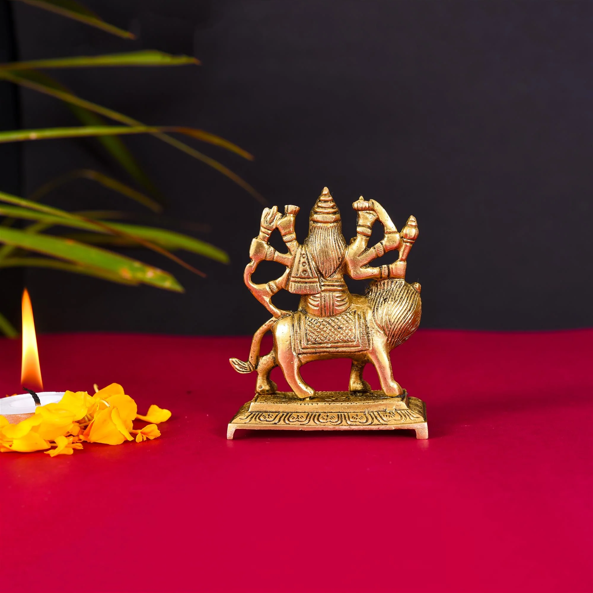 Brass Durga Devi Sitting On Lion Idol (3.5 Inch) - Image 3