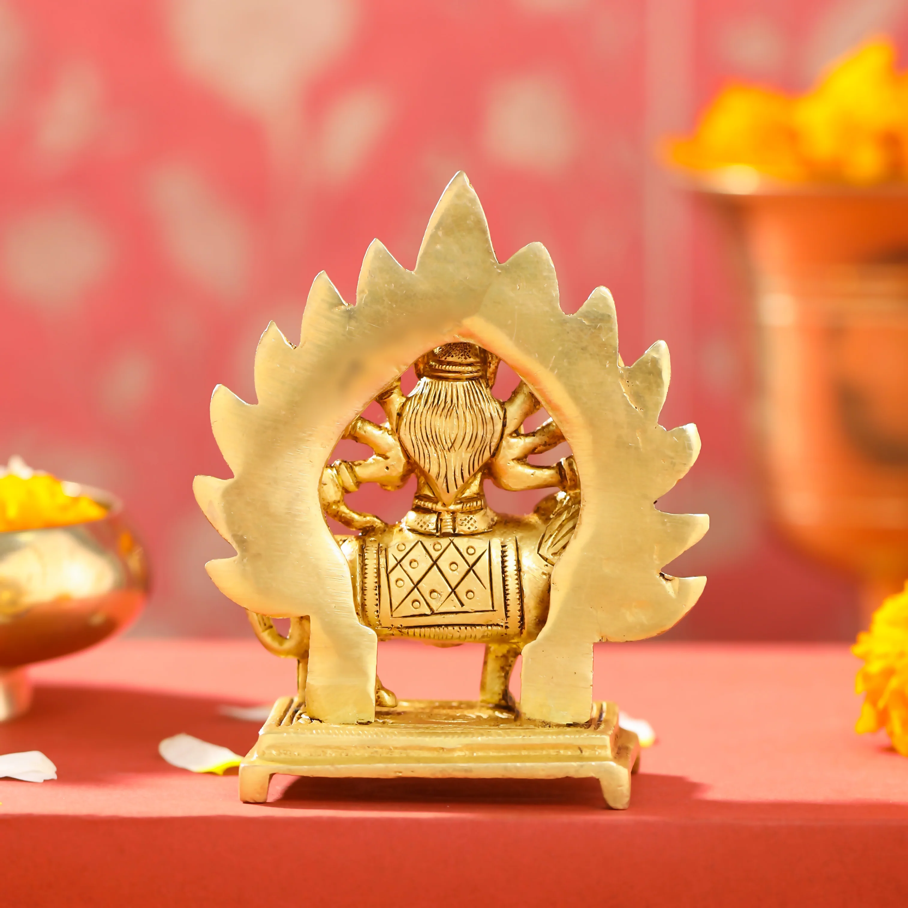 Brass Durga Devi Sitting on Lion Idol (4.5 Inch) - Image 4