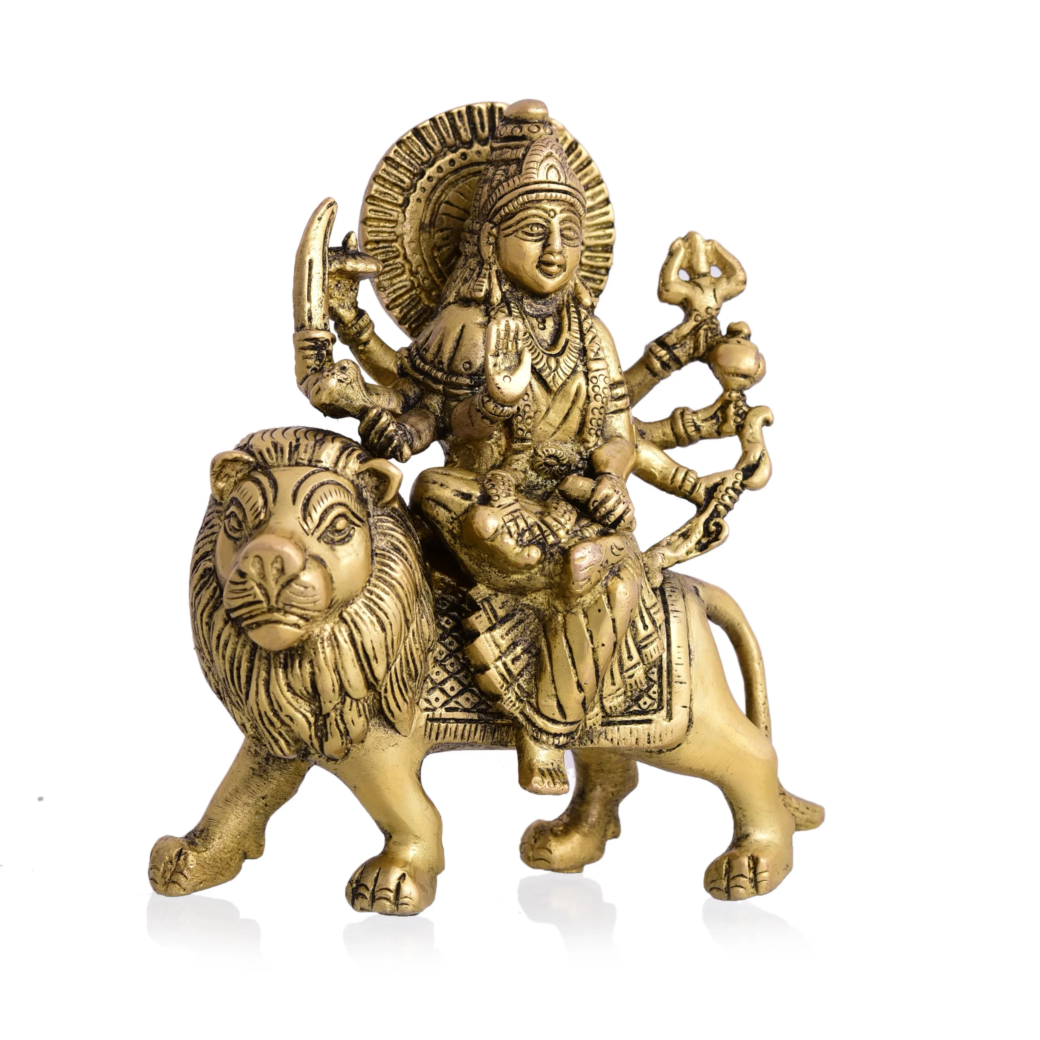 Brass Durga Idol Sitting On Loin (5.5 Inch) - Image 10
