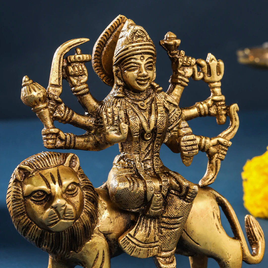 Brass Durga Idol Sitting On Loin (5.5 Inch) - Image 4