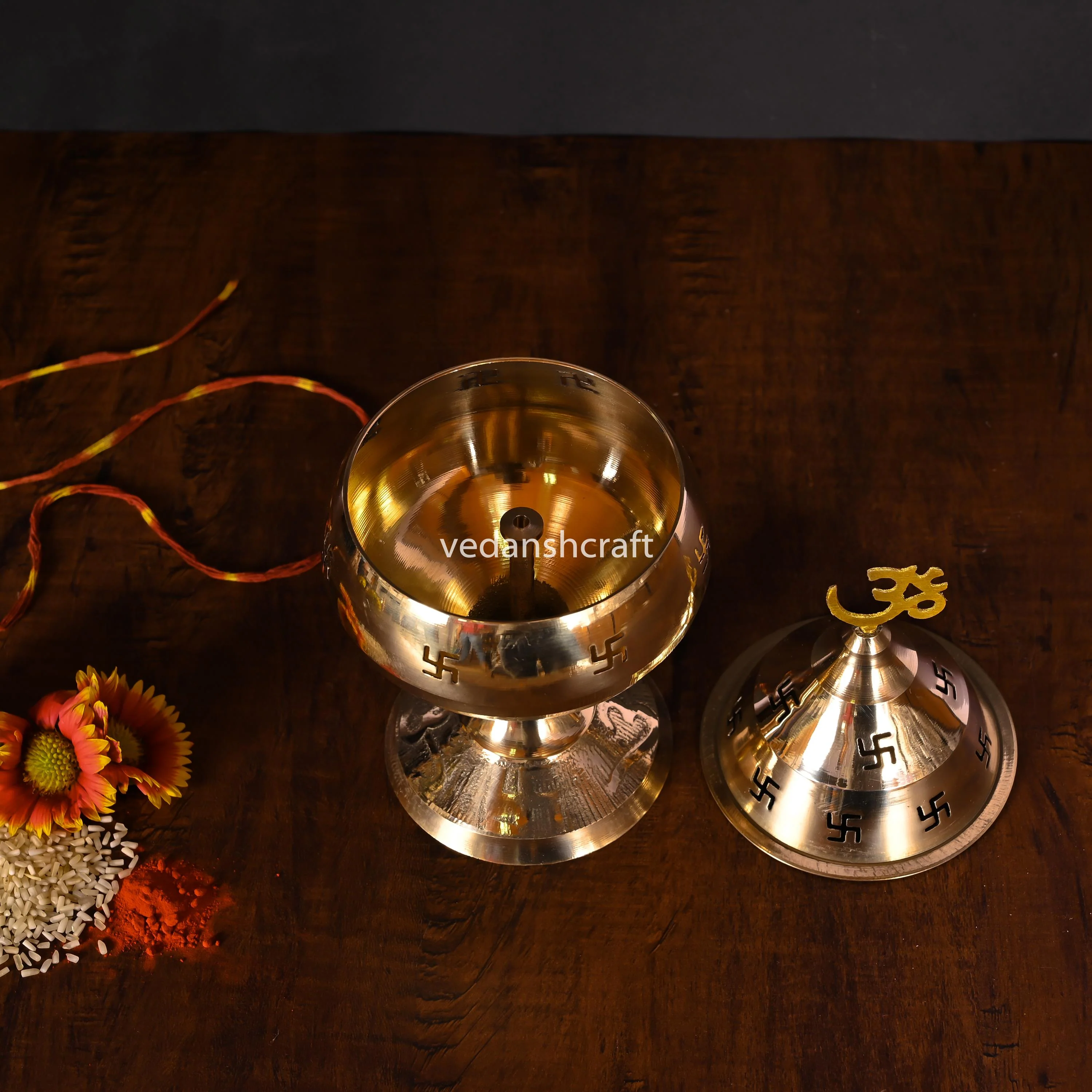Brass Elegant Akhand Diya With Swastik Design (6.5 Inch) - Image 3