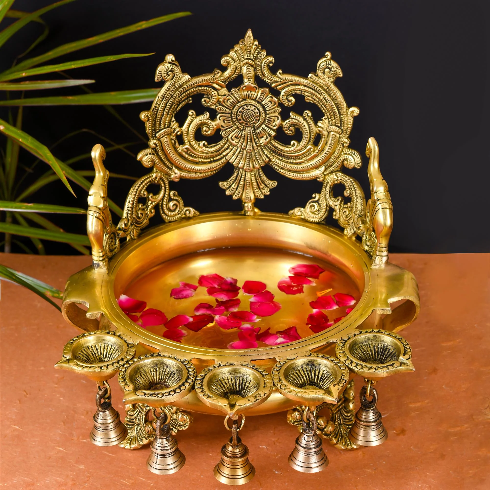 Brass Elephant Carving Urli With 5 Diyas And Bells (12 Inch)