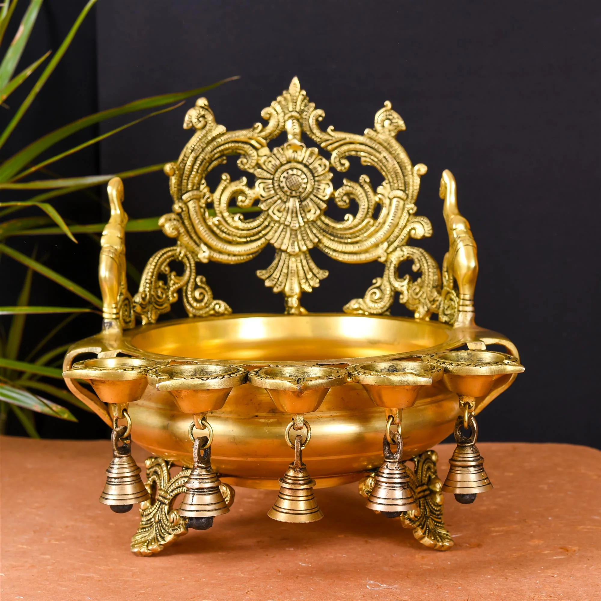 Brass Elephant Carving Urli With 5 Diyas And Bells (12 Inch) - Image 2
